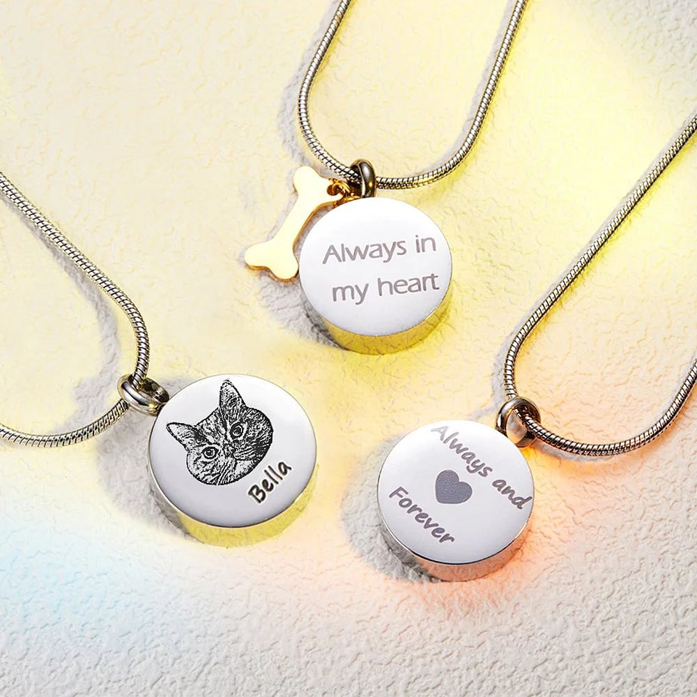 Personalized Engraved Pet Photo & Paw Ashes Necklace