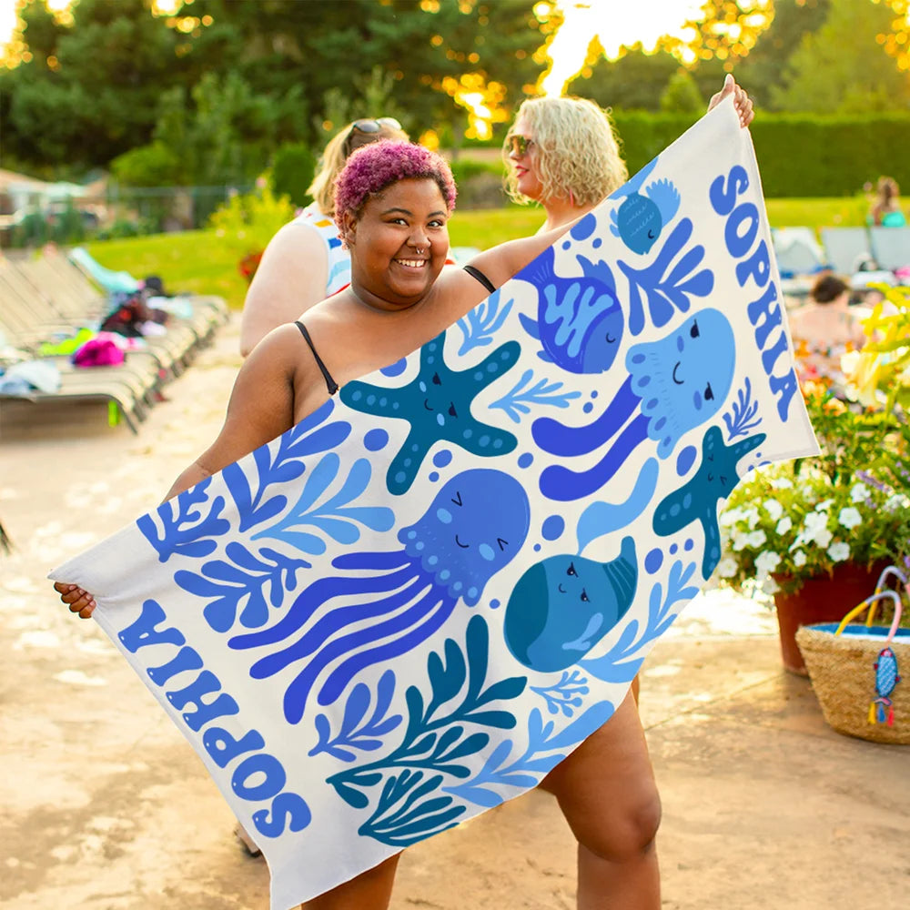 Personalized Marine Life Art Illustration Oversized Quick Dry Beach Towel