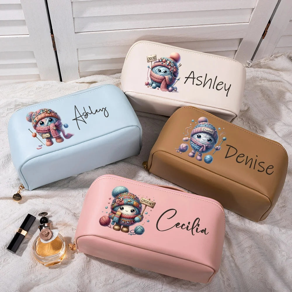 Personalized Cute Cartoon Crochet PU Leather Wide Open Makeup Bag