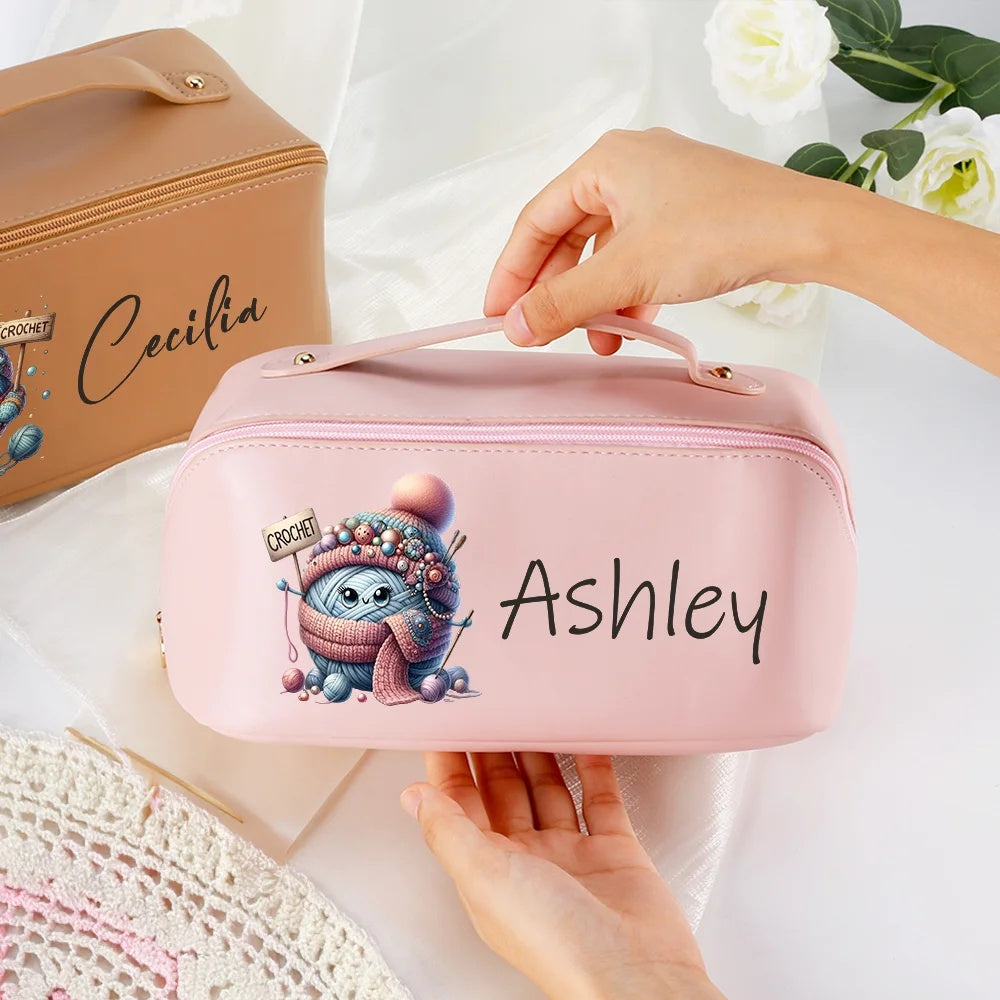 Personalized Cute Cartoon Crochet PU Leather Wide Open Makeup Bag