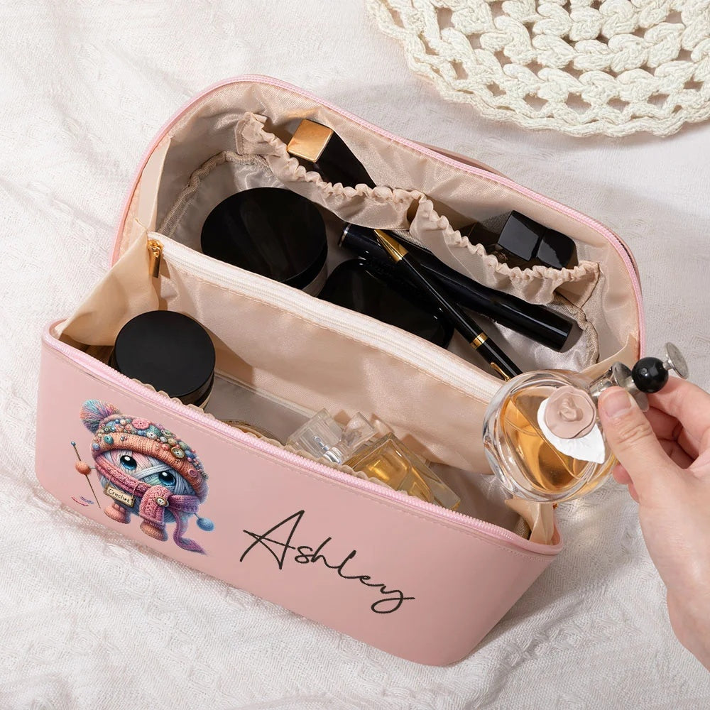 Personalized Cute Cartoon Crochet PU Leather Wide Open Makeup Bag