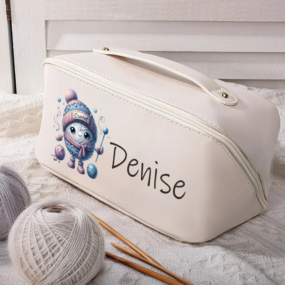 Personalized Cute Cartoon Crochet PU Leather Wide Open Makeup Bag