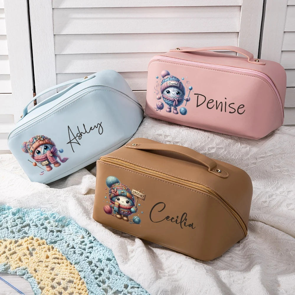 Personalized Cute Cartoon Crochet PU Leather Wide Open Makeup Bag