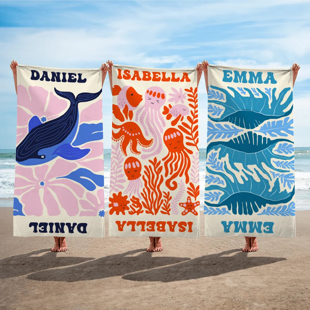 Personalized Marine Life Art Illustration Oversized Quick Dry Beach Towel